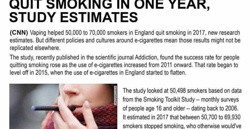 E-cigarettes helped more than 50,000 people in England quit smoking in one year, study estimates